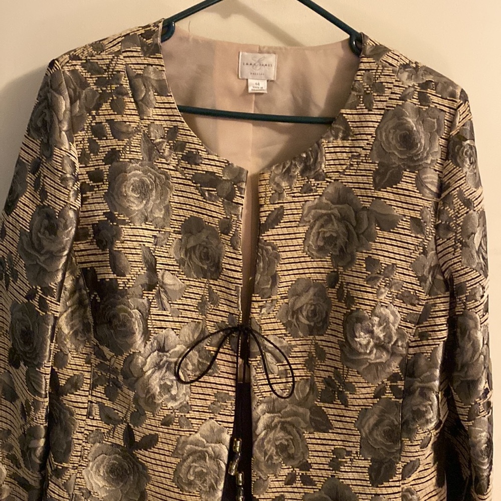 Emma James 2 pc jacket & tank flared dress Both fully lined, dk grey& gold sz 14